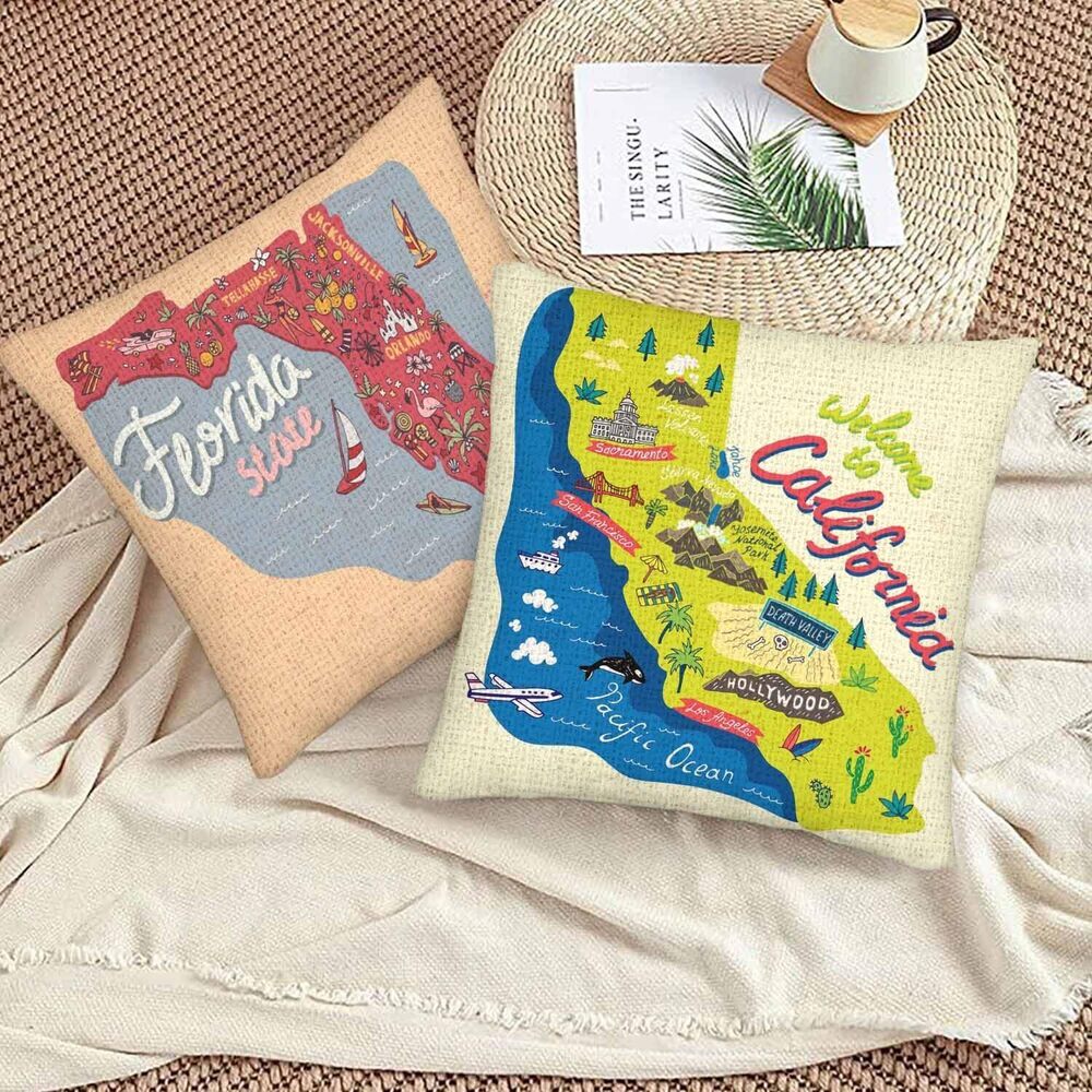 4914 Cute Map Throw Pillow Covers Set of 2,Travel and Attractions Map of - Picture 4 of 7